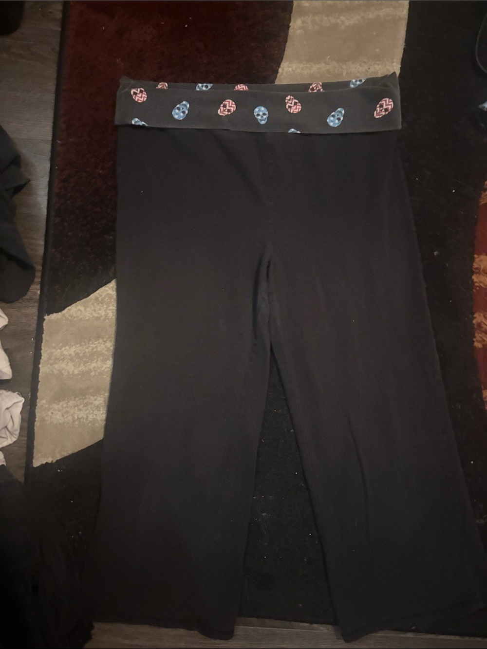 Y2k Black Fold-Over Pants with Skull Patterned Trim size medium